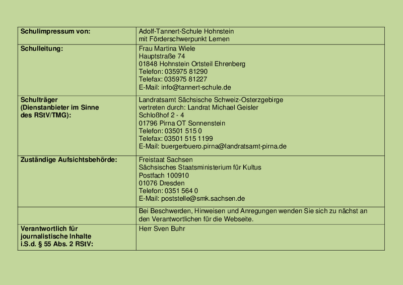 Impressum Schule zur Lernförderung Adolf Tannert