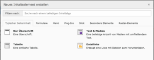 Screenshot mit Übersicht der Inhaltselemente von TYPO3