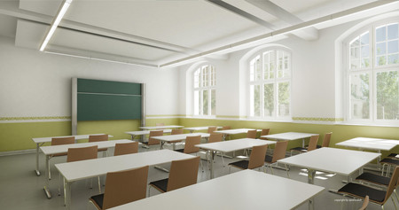 Blick in ein künftiges Klassenzimmer - natürlich mit digitaler Tafel und flexiblen Möbeln