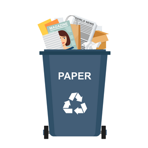 ein blauer Altpapiercontainer, aus dem Papier herausschaut