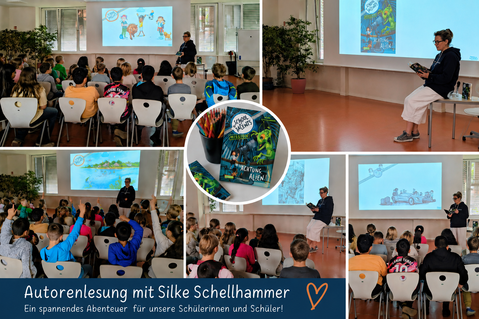 Collage der Autorenlesung mit Silke Schellhammer: Die Autorin liest vor einer Gruppe aufmerksam zuhörender Kinder aus ihrem Buch „School of Talents – Mission: Achtung, Alien!“. Zu sehen sind verschiedene Momente der Lesung mit Präsentation, Gesprächsrunden und aktiver Beteiligung der Schülerinnen und Schüler in einem hellen Veranstaltungsraum der Schule.