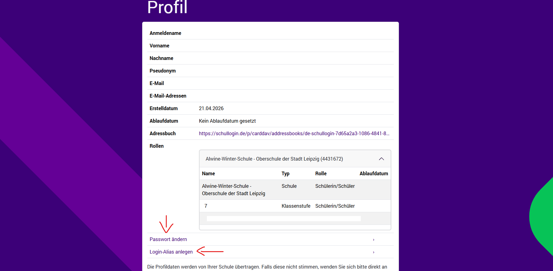 Passwort und Alias ändern