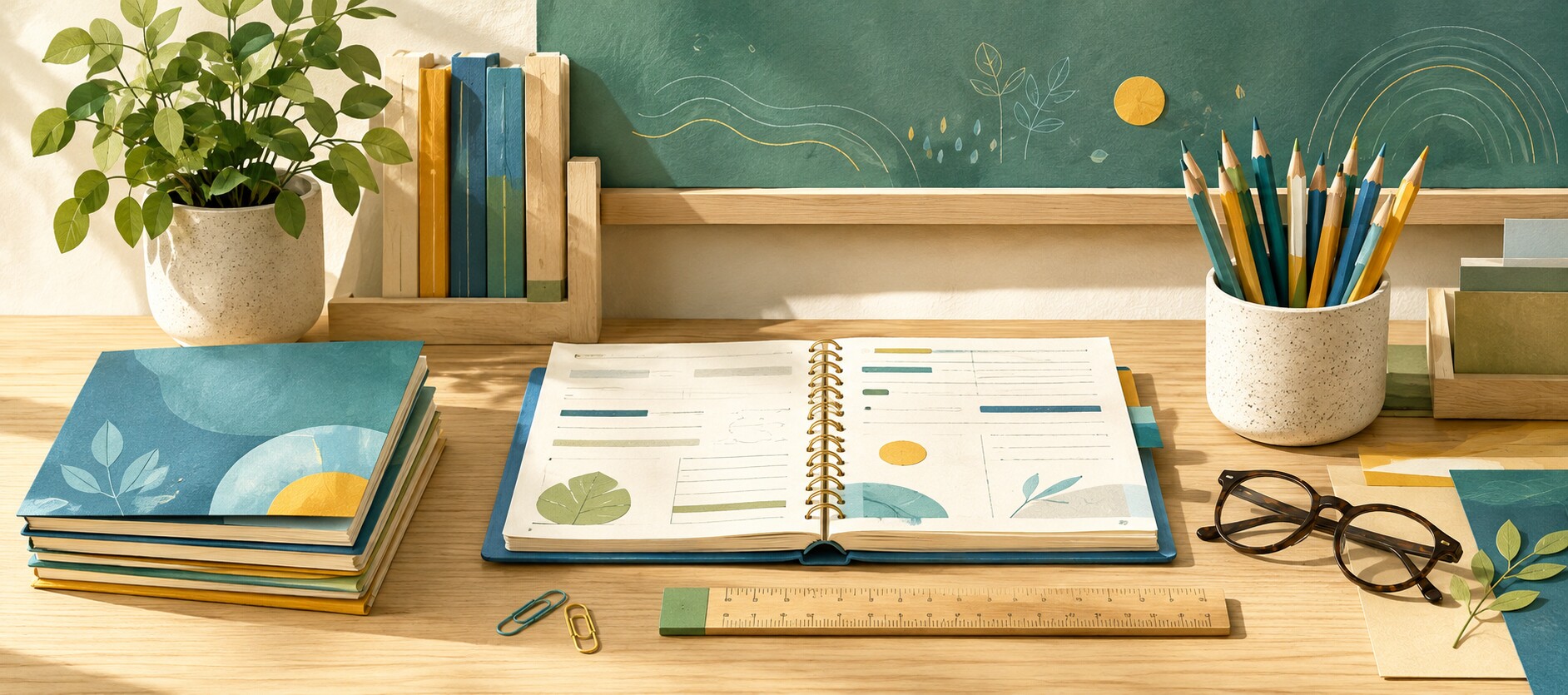 Heller Arbeitsplatz mit Unterrichtsplaner, Büchern, Stiften und Schulmaterialien