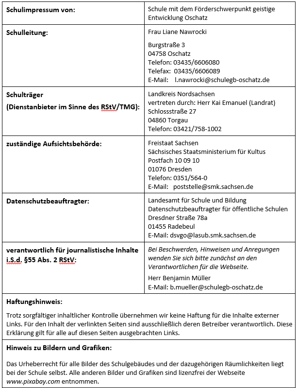 Impressum | Schule mit dem Förderschwerpunkt geistige Entwicklung
